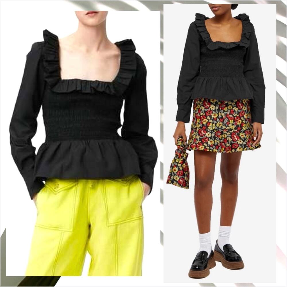 GANNI Poplin Square Neck Ruffle Blouse Smocked Coquette Top Whimsical Black